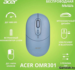 Мышь Acer OMR301 синий оптическая 1600dpi беспров. BT/Radio USB 4but (ZL.MCECC.01S)
