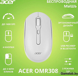 Мышь Acer OMR308 белый оптическая (1600dpi) беспроводная USB (4but)
