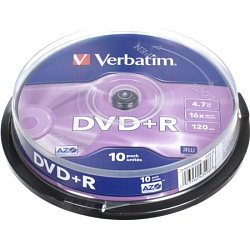 Диск DVD+R Verbatim 4.7Gb 16x Cake Box (10шт) (43498)43498
