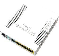 MikroTik RB260GSP with 5 Gigabit ports and SFP cage, SwOS, plastic case, PSU, POE-OUT