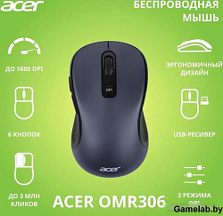 Мышь Acer OMR306 черный/серый оптическая (1600dpi) беспроводная USB (6but)