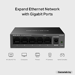 MERCUSYS MS105GS, 5-портовый гигабитный настольный коммутатор,стальной настольный корпус, возможност