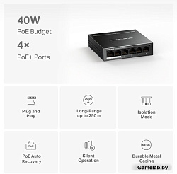 Mercusys MS106LP, настольный коммутатор с 6 портами 10/100 Мбит/с (4 порта PoE+)