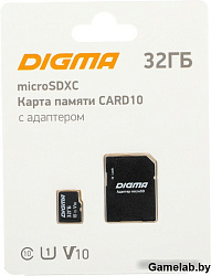 Флеш карта microSDXC 32Gb Class10 Digma CARD10 + adapter