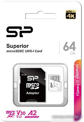 Флеш карта microSDXC 64Gb Class10 Silicon Power SP064GBSTXDA2V20SP Superior + adapter